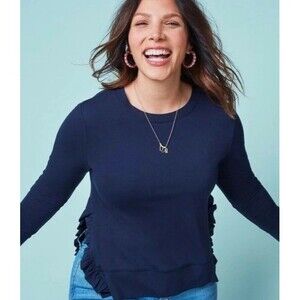 STELLA & DOT Long Sleeved Crew Neck w/ Split Ruffled Side - Navy Blue MEDIUM EUC